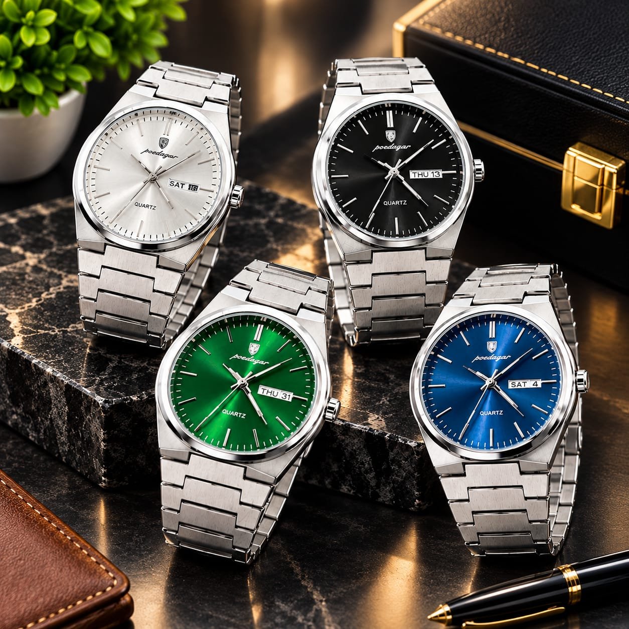 POEDAGAR Luxury Men's Quartz Watch - Day & Date Stainless Steel Wrist Watch for Men | Business Class Watch | Waterproof Luminous Watch | Silver Chain | 4 Dial Colors - Silver, Black, Green, Blue